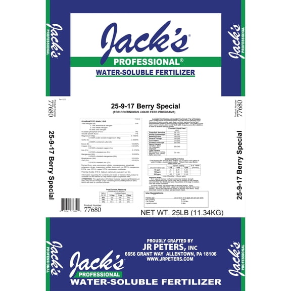 Jack's Professional 25-9-17 Berry Special Water-Soluble Fertilizer with Micronutrients for Blooming and Fruit Set in Plants Grown in Continuous Liquid Feed Programs, 25lbs