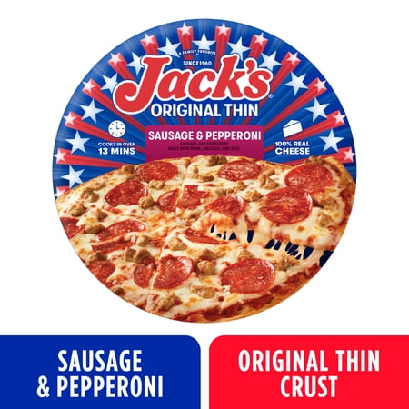 Jack's Frozen Meat Pizza, Sausage, Pepperoni and Cheese, Original Thin Crust Pizza for Grilling, 15 oz (Frozen)