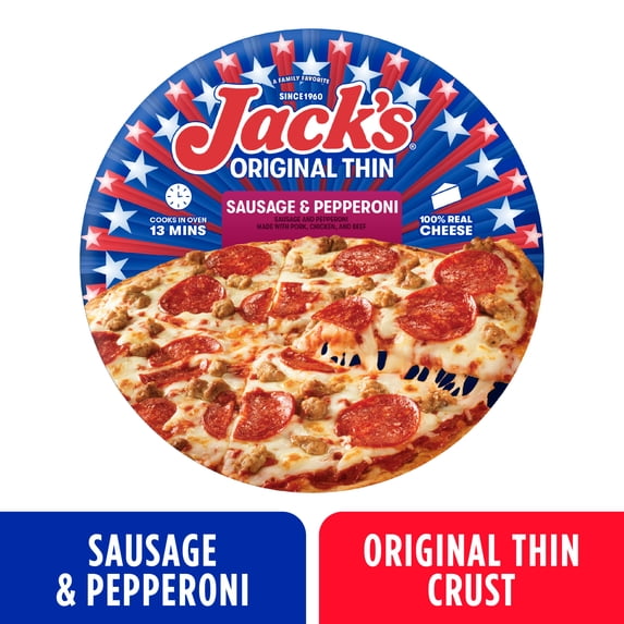 Jack's Frozen Meat Pizza, Sausage, Pepperoni and Cheese, Original Thin Crust Pizza for Grilling, 15 oz (Frozen)​