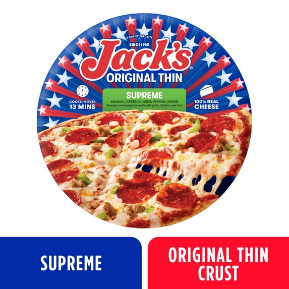 Jack's Frozen Meat Pizza, Supreme and Cheese, Original Thin Crust Pizza for Grilling, 15.8 oz (Frozen)