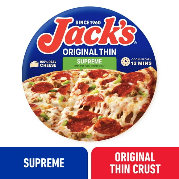Jack's Frozen Meat Pizza, Supreme and Cheese, Original Thin Crust Pizza for Grilling, 15.8 oz (Frozen)