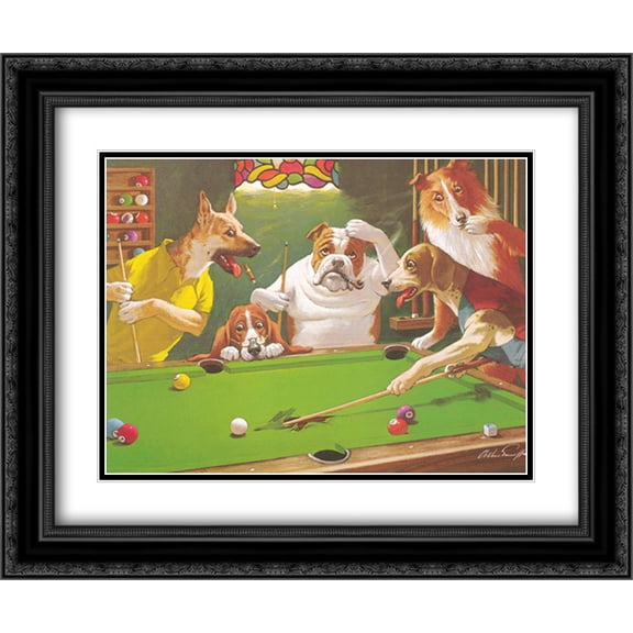 Jack the Ripper / Dogs Playing Pool 2x Matted 24x20 Black Ornate Framed Art Print by Arthur Sarnoff