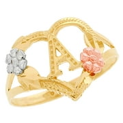 JackAni 10k Multi-Tone Gold Diamond Cut Floral Letter Initial A Heart Ring