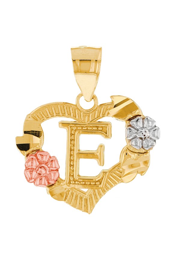 10k Multi-Tone Gold Diamond Cut Floral Letter Initial E Heart Pendant