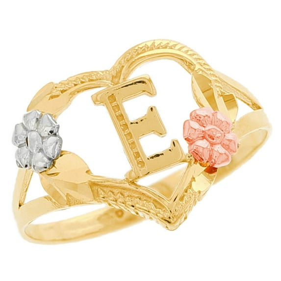 JackAni 10k Multi-Tone Gold Diamond Cut Floral Letter Initial E Heart Ring
