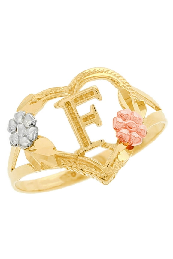 10k Multi-Tone Gold Diamond Cut Floral Letter Initial F Heart Ring