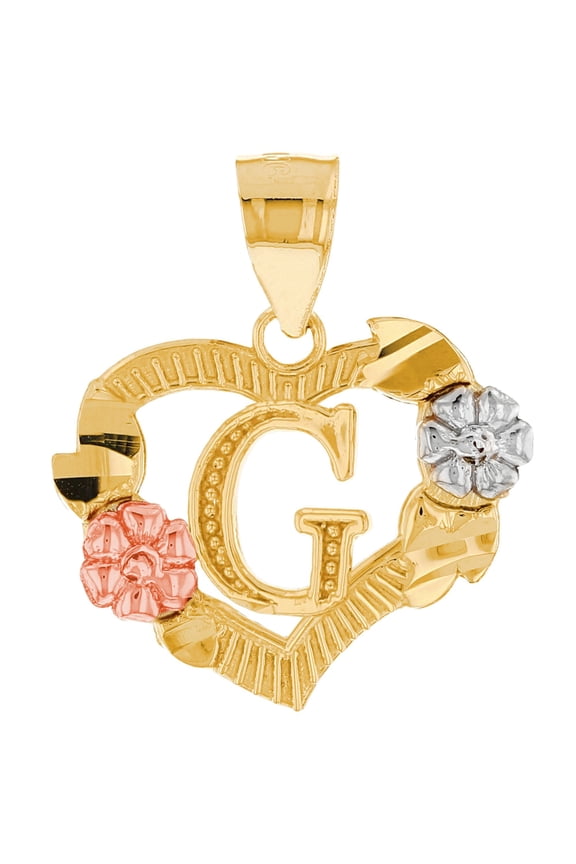 10k Multi-Tone Gold Diamond Cut Floral Letter Initial G Heart Pendant