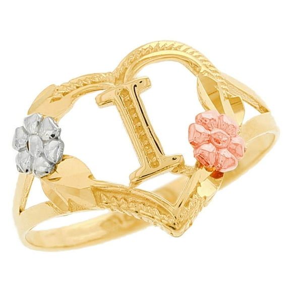 JackAni 10k Multi-Tone Gold Diamond Cut Floral Letter Initial I Heart Ring