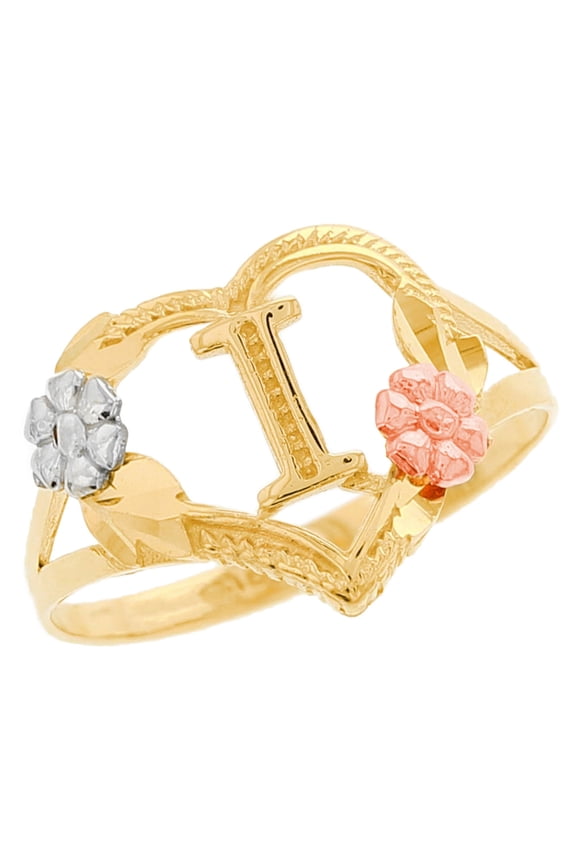 10k Multi-Tone Gold Diamond Cut Floral Letter Initial I Heart Ring