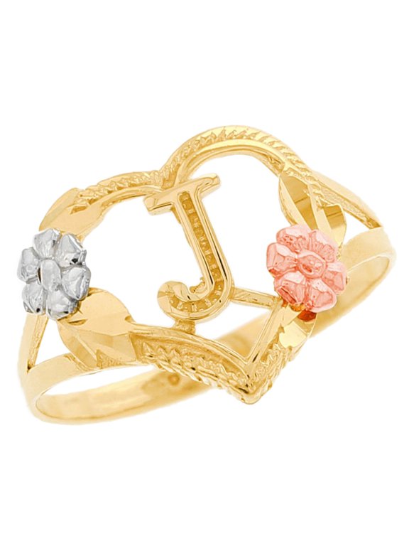 10k Multi-Tone Gold Diamond Cut Floral Letter Initial J Heart Ring