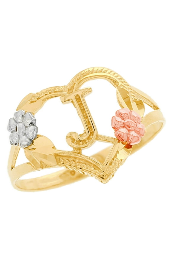 10k Multi-Tone Gold Diamond Cut Floral Letter Initial J Heart Ring