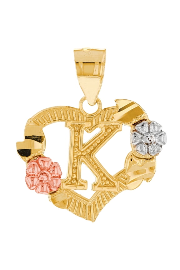 10k Multi-Tone Gold Diamond Cut Floral Letter Initial K Heart Pendant
