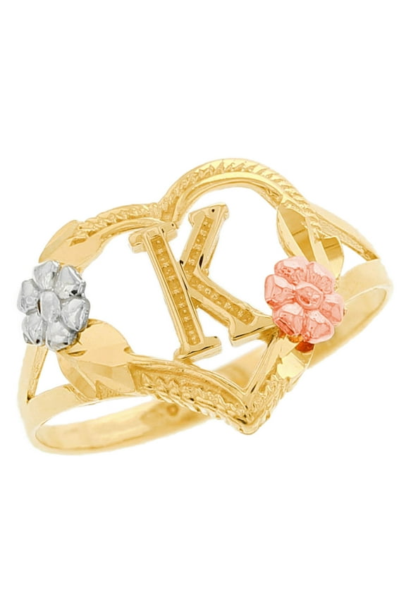 10k Multi-Tone Gold Diamond Cut Floral Letter Initial K Heart Ring