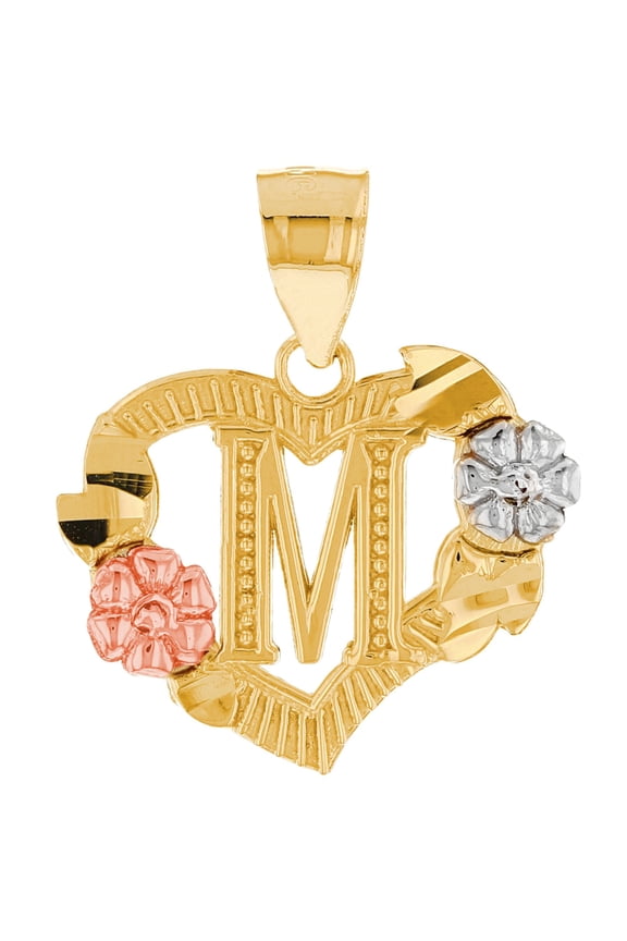 10k Multi-Tone Gold Diamond Cut Floral Letter Initial M Heart Pendant