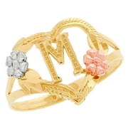 JackAni 10k Multi-Tone Gold Diamond Cut Floral Letter Initial M Heart Ring