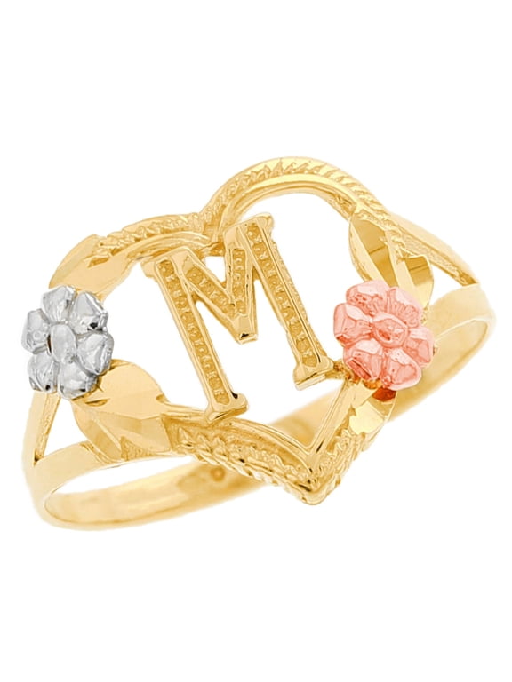 10k Multi-Tone Gold Diamond Cut Floral Letter Initial M Heart Ring