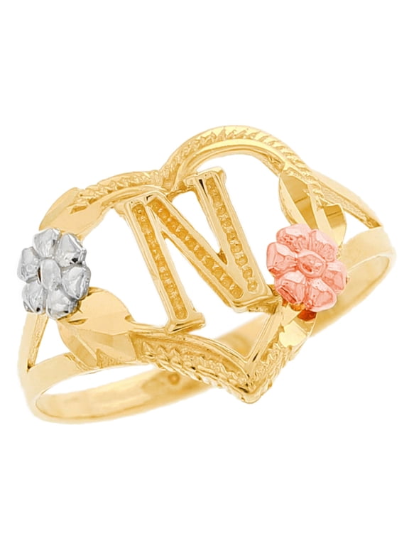 10k Multi-Tone Gold Diamond Cut Floral Letter Initial N Heart Ring