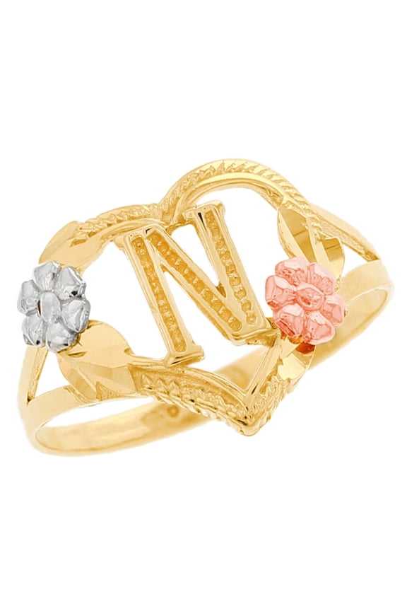 10k Multi-Tone Gold Diamond Cut Floral Letter Initial N Heart Ring