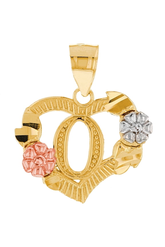 10k Multi-Tone Gold Diamond Cut Floral Letter Initial O Heart Pendant