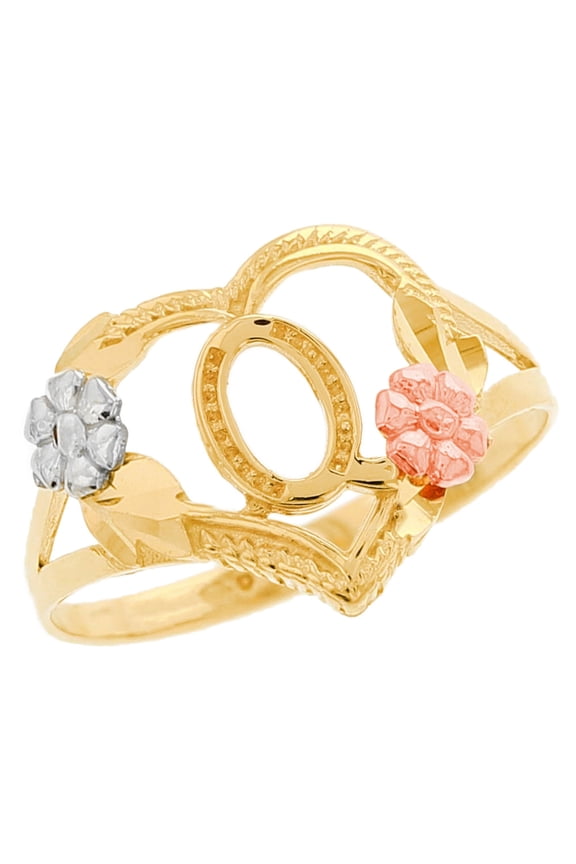 10k Multi-Tone Gold Diamond Cut Floral Letter Initial Q Heart Ring