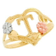 JackAni 10k Multi-Tone Gold Diamond Cut Floral Letter Initial T Heart Ring