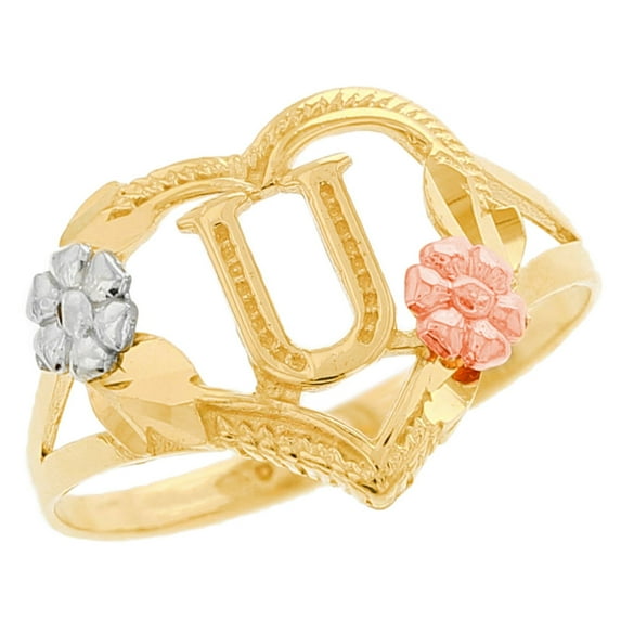 JackAni 10k Multi-Tone Gold Diamond Cut Floral Letter Initial U Heart Ring