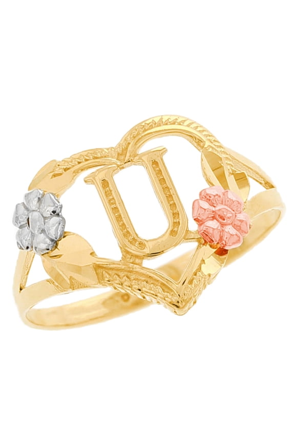 10k Multi-Tone Gold Diamond Cut Floral Letter Initial U Heart Ring