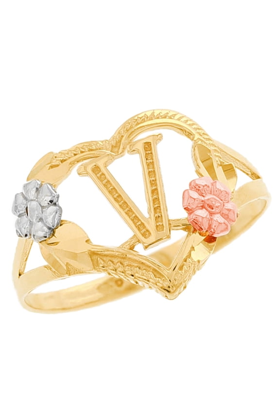 10k Multi-Tone Gold Diamond Cut Floral Letter Initial V Heart Ring