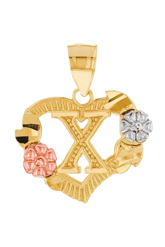10k Multi-Tone Gold Diamond Cut Floral Letter Initial X Heart Pendant