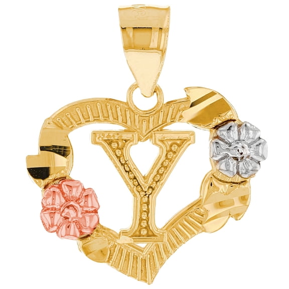 JackAni 10k Multi-Tone Gold Diamond Cut Floral Letter Initial Y Heart Pendant