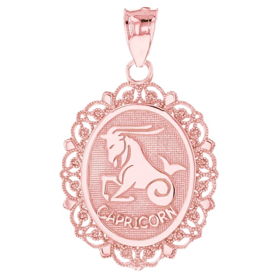 JackAni 10k Rose Gold Magnificent Filigree Frame Capricorn Oval Pendant