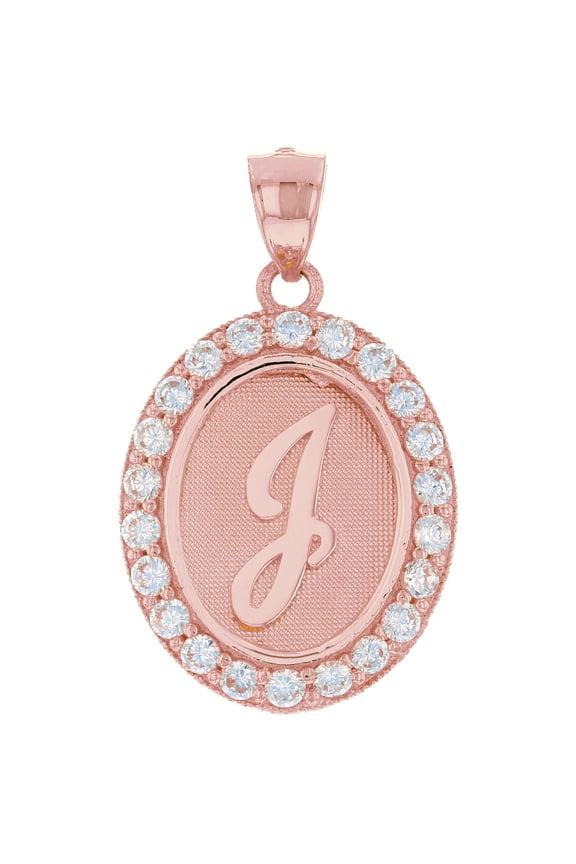 10k Rose Gold Unisex Oval Halo White CZ Initial Letter J Pendant
