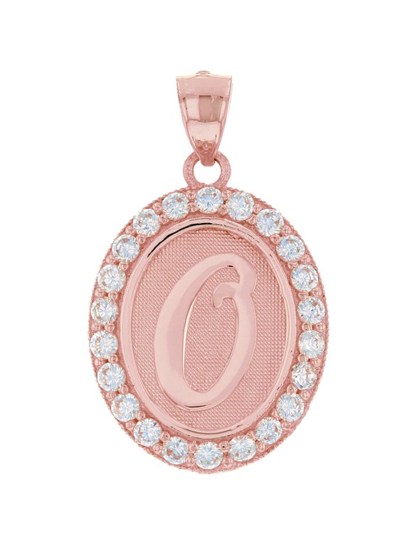 10k Rose Gold Unisex Oval Halo White CZ Initial Letter O Pendant