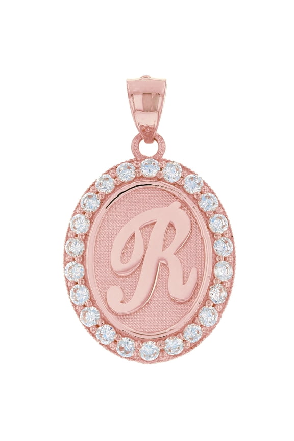 10k Rose Gold Unisex Oval Halo White CZ Initial Letter R Pendant