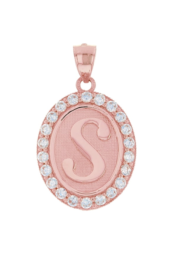 10k Rose Gold Unisex Oval Halo White CZ Initial Letter S Pendant