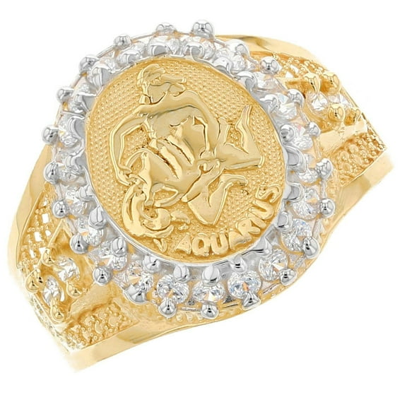 JackAni 10k Solid Yellow Gold CZ Accented Men's Aquarius Zodiac Ring - Size 10.50