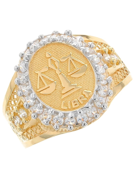 10k Solid Yellow Gold CZ Accented Men's Libra Zodiac Ring