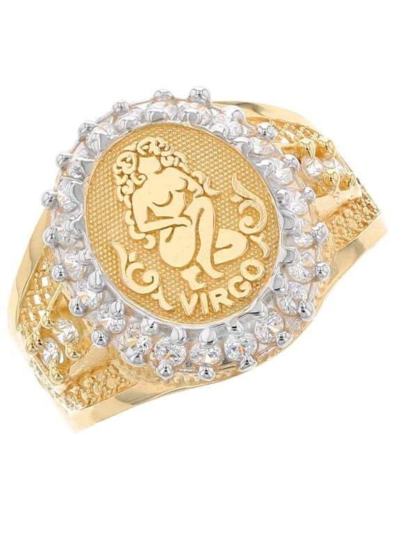 10k Solid Yellow Gold CZ Accented Men's Virgo Zodiac Ring