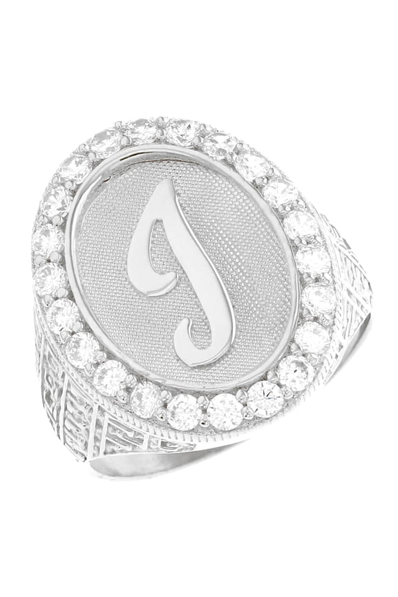 10k White Gold Mens Oval Halo White CZ Initial Letter I Ring