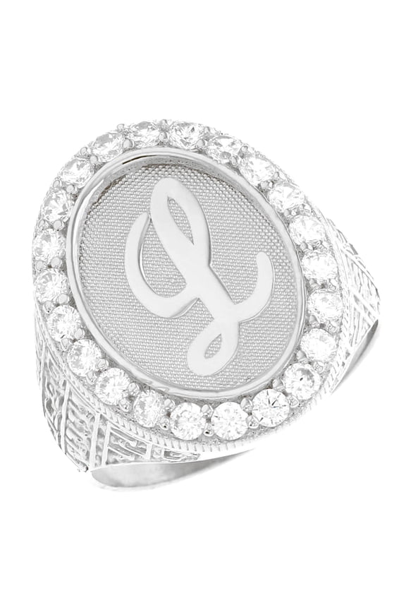10k White Gold Mens Oval Halo White CZ Initial Letter L Ring