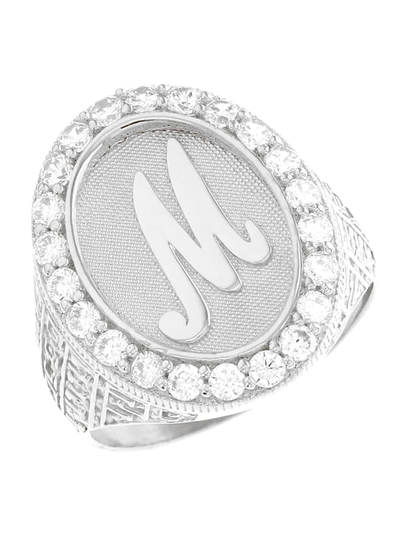 10k White Gold Mens Oval Halo White CZ Initial Letter M Ring