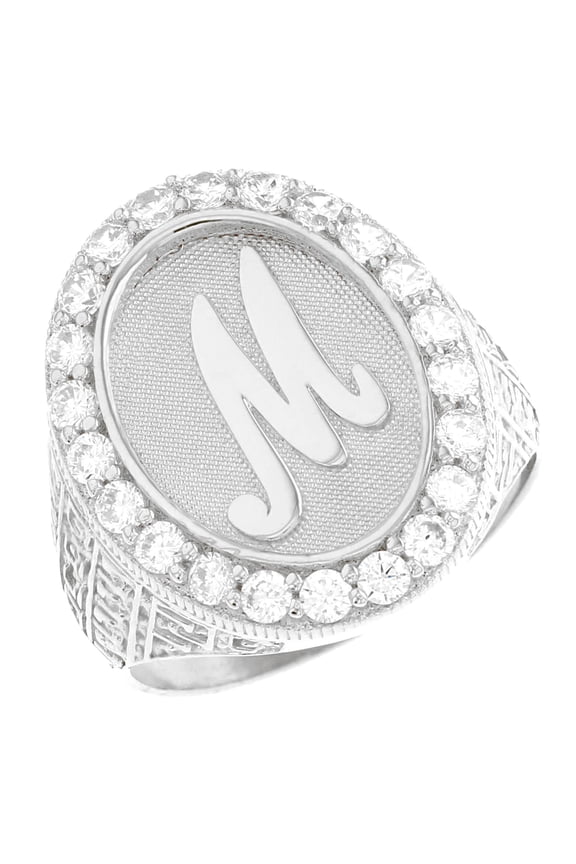 10k White Gold Mens Oval Halo White CZ Initial Letter M Ring