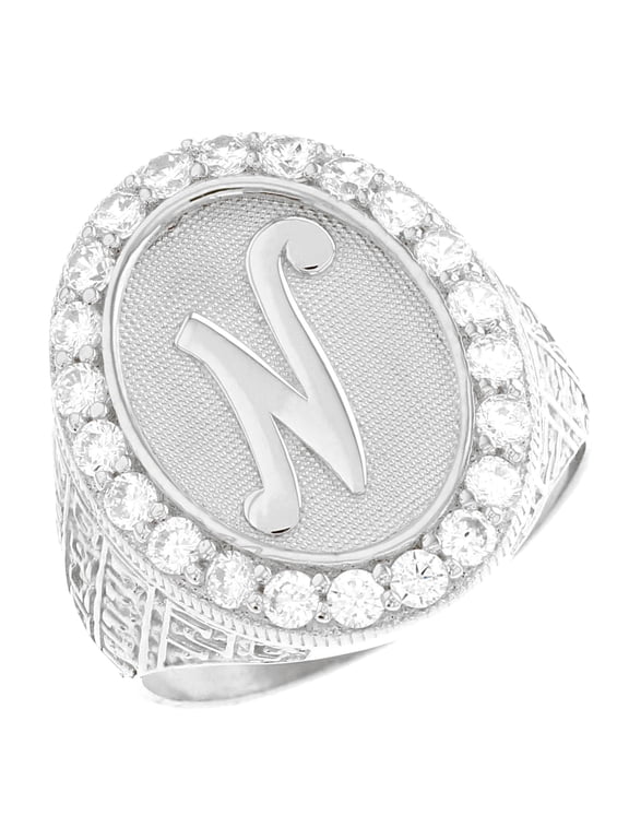 10k White Gold Mens Oval Halo White CZ Initial Letter N Ring