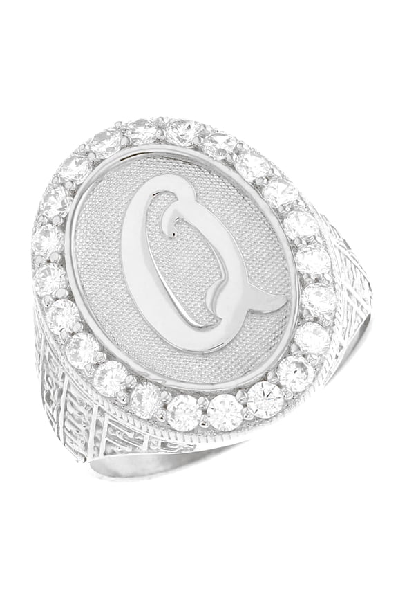 10k White Gold Mens Oval Halo White CZ Initial Letter Q Ring