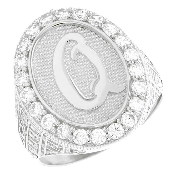 JackAni 10k White Gold Mens Oval Halo White CZ Initial Letter Q Ring