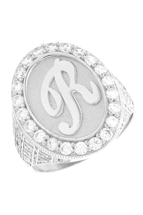10k White Gold Mens Oval Halo White CZ Initial Letter R Ring