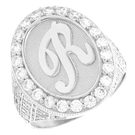 JackAni 10k White Gold Mens Oval Halo White CZ Initial Letter R Ring