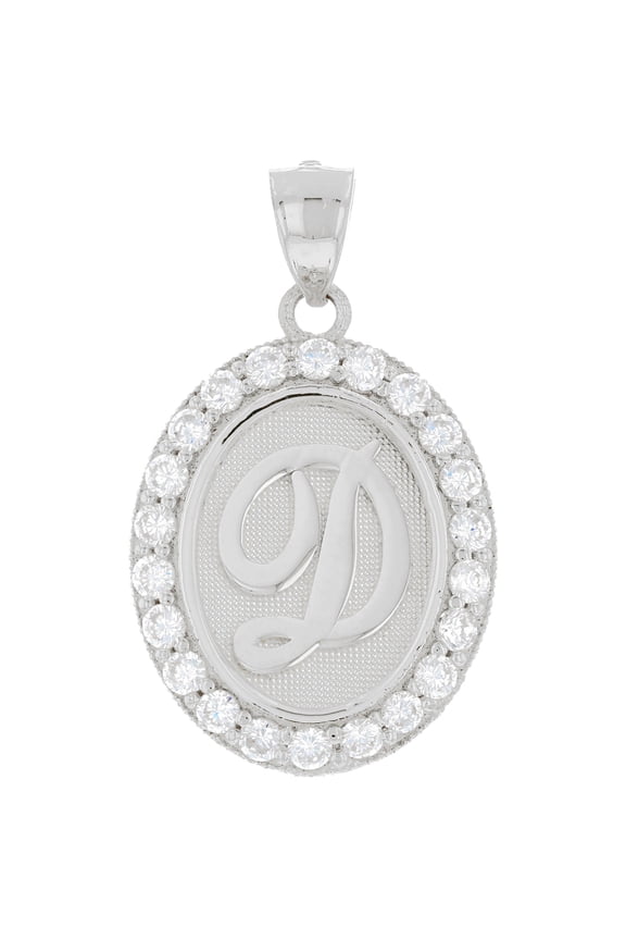 10k White Gold Unisex Oval Halo White CZ Initial Letter D Pendant