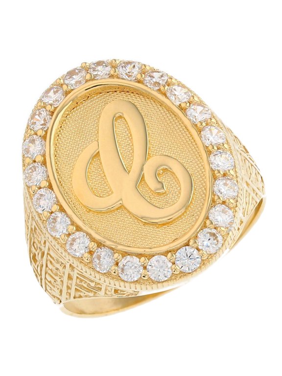 10k Yellow Gold Mens Oval Halo White CZ Initial Letter C Ring