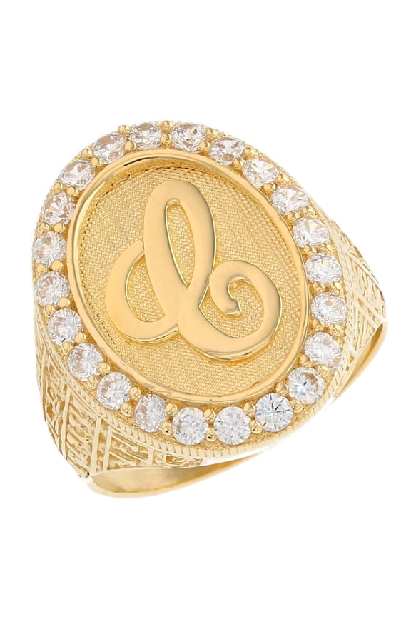 10k Yellow Gold Mens Oval Halo White CZ Initial Letter C Ring